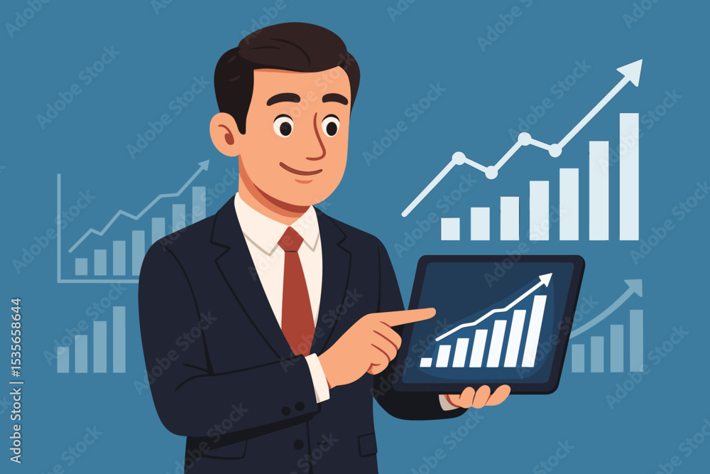Businessman presenting business growth analysis on tablet. Financial success concept with rising chart. Corporate manager showing company profit report, stock market data and stats. Businessman presenting business growth analysis on tablet. Financial success concept with rising chart. Corporate manager showing company profit report, stock market data and stats.
