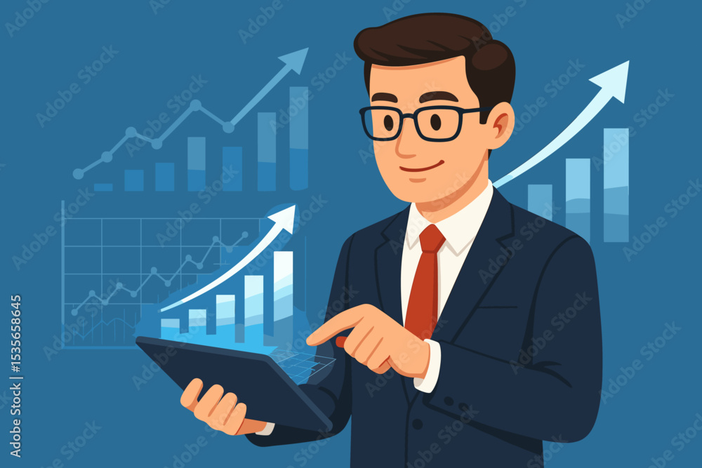 Businessman using a tablet for financial data analysis and business growth strategy. Corporate manager looking at rising stock market charts, profit graphs and investment success. Businessman using a tablet for financial data analysis and business growth strategy. Corporate manager looking at rising stock market charts, profit graphs and investment success.