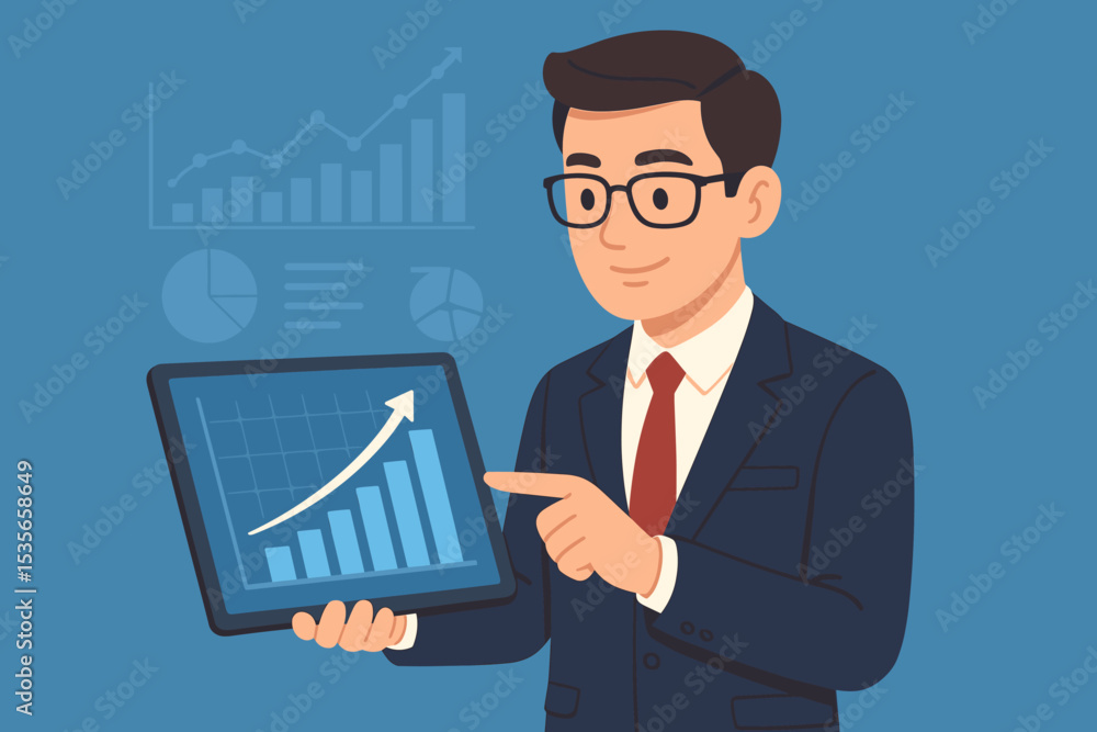 Businessman holding tablet with growing graph. Financial analysis and business growth concept. Manager presenting data report. Investment success, profit statistics illustration. Businessman holding tablet with growing graph. Financial analysis and business growth concept. Manager presenting data report. Investment success, profit statistics illustration.