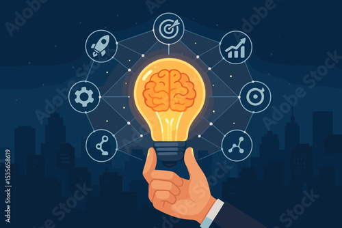 Businessman hand holds lightbulb with brain. Concept of creative idea, innovation, brainstorming, and business solution. Icons for strategy, growth, startup, and target goals.