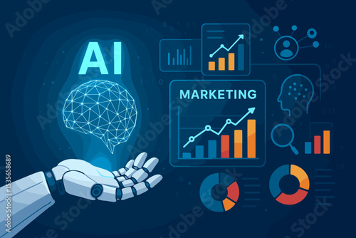 AI marketing concept with robot hand holding glowing brain. Artificial intelligence for business growth, data analysis, digital strategy, and analytics. Future technology vector.