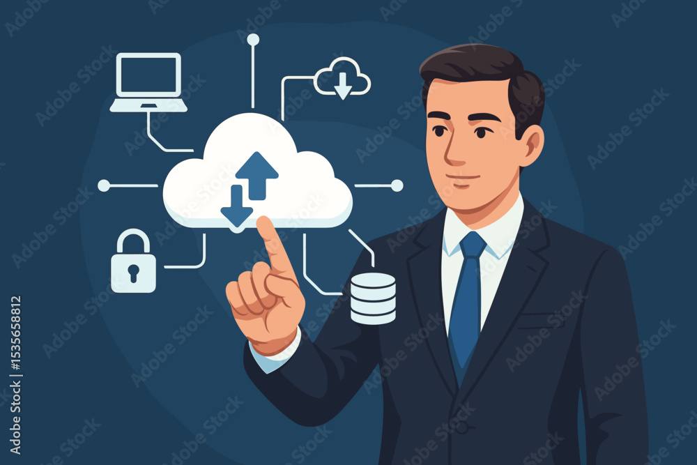 Businessman interacting with cloud computing interface. IT specialist managing data network, storage, and security. Concept of digital transformation, server connection, and information technology. Businessman interacting with cloud computing interface. IT specialist managing data network, storage, and security. Concept of digital transformation, server connection, and information technology.