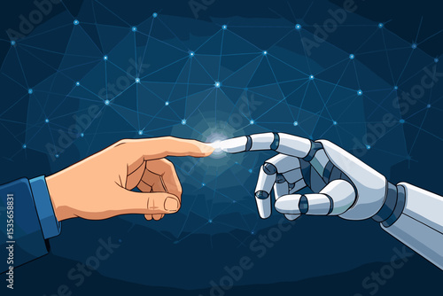 Human hand touching robot finger, connection concept. Artificial intelligence, future technology, innovation, partnership, and creation. Human-machine collaboration on a network background.