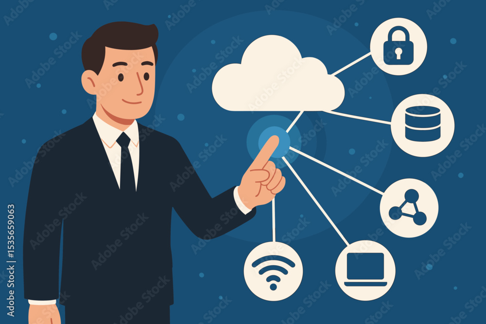 Cloud computing concept with businessman. IT specialist managing data storage, network security, and wireless connectivity. Information technology infrastructure and cloud service vector. Cloud computing concept with businessman. IT specialist managing data storage, network security, and wireless connectivity. Information technology infrastructure and cloud service vector.