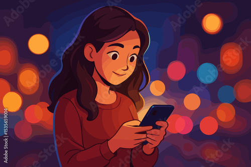 Happy young woman using smartphone at night in city with bokeh lights. Girl smiling while browsing social media, texting, or using mobile app. Online communication technology concept.