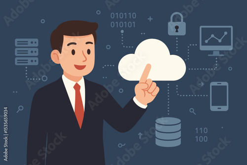 Businessman with cloud computing technology concept. Data storage, network connectivity, server hosting, and information security illustration. Digital transformation background.