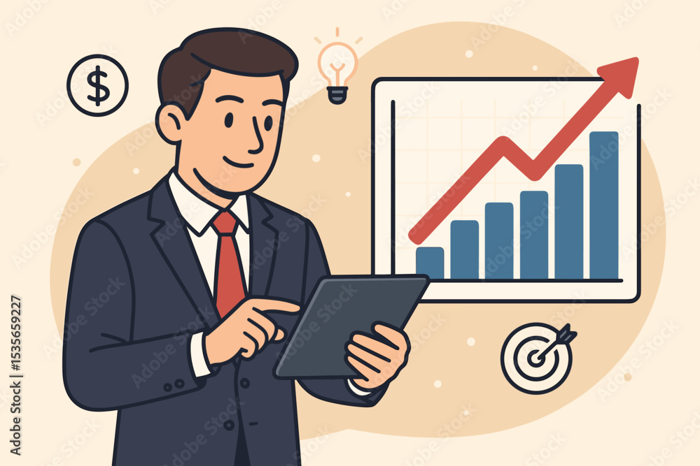 Business growth analysis concept. Businessman with a tablet checking a financial chart with a rising arrow. Success, profit, investment strategy, and marketing goal achievement. Business growth analysis concept. Businessman with a tablet checking a financial chart with a rising arrow. Success, profit, investment strategy, and marketing goal achievement.