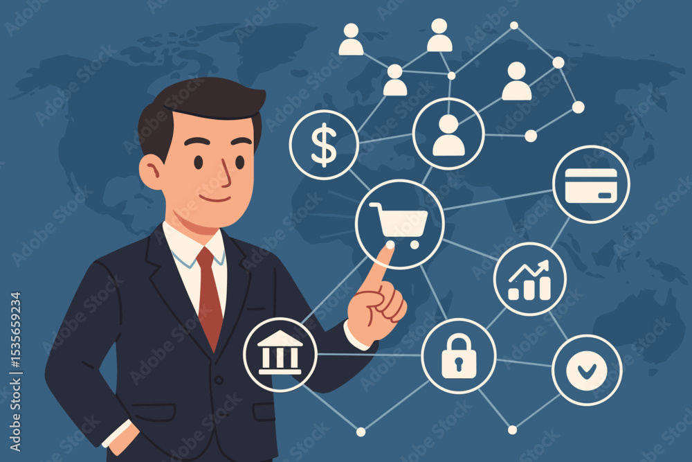 Businessman managing a global e-commerce network. Concept of digital business innovation, fintech, online payment, security, and data analytics on a world map background. Businessman managing a global e-commerce network. Concept of digital business innovation, fintech, online payment, security, and data analytics on a world map background.