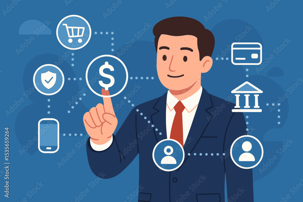 Businessman managing digital business innovation. Man touching virtual screen with financial technology icons. Concept of fintech, online banking, secure payment, and e-commerce. Businessman managing digital business innovation. Man touching virtual screen with financial technology icons. Concept of fintech, online banking, secure payment, and e-commerce.