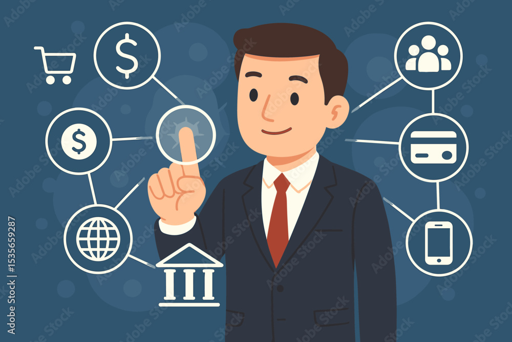 Digital business innovation with a businessman managing fintech services on a virtual interface. Concept of a global network for e-commerce, online banking, and mobile payment. Digital business innovation with a businessman managing fintech services on a virtual interface. Concept of a global network for e-commerce, online banking, and mobile payment.