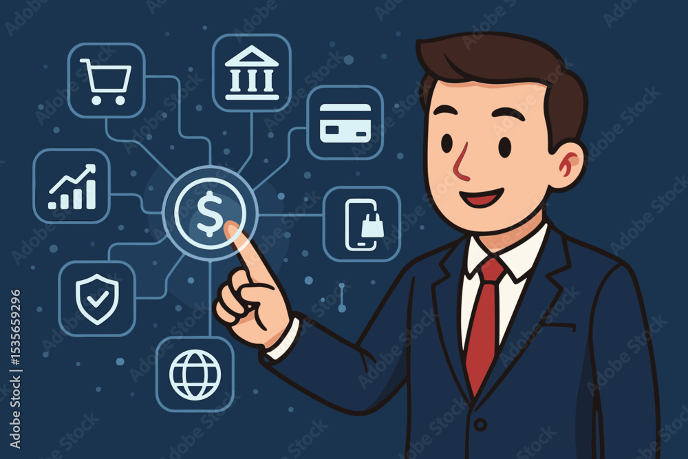 Businessman managing finance with a financial technology interface. Fintech concept with icons for e-commerce, online banking, investment, secure payment, and global business. Businessman managing finance with a financial technology interface. Fintech concept with icons for e-commerce, online banking, investment, secure payment, and global business.