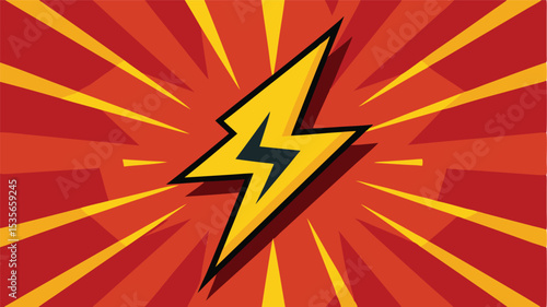 A dynamic and energetic pop art illustration of a bold yellow lightning bolt set against a retro comic book background with radiating red and orange sunburst lines