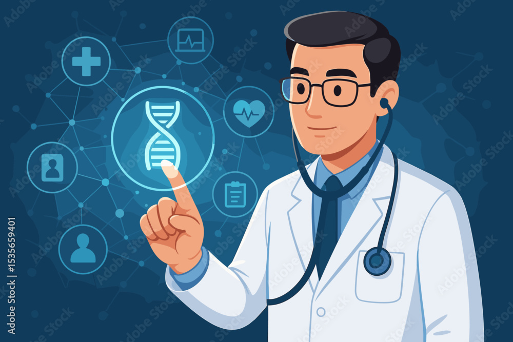 Doctor pointing at DNA icon on virtual screen. Concept of futuristic medical technology, digital healthcare, genetic research, telemedicine, e-health, diagnosis, and innovation. Doctor pointing at DNA icon on virtual screen. Concept of futuristic medical technology, digital healthcare, genetic research, telemedicine, e-health, diagnosis, and innovation.