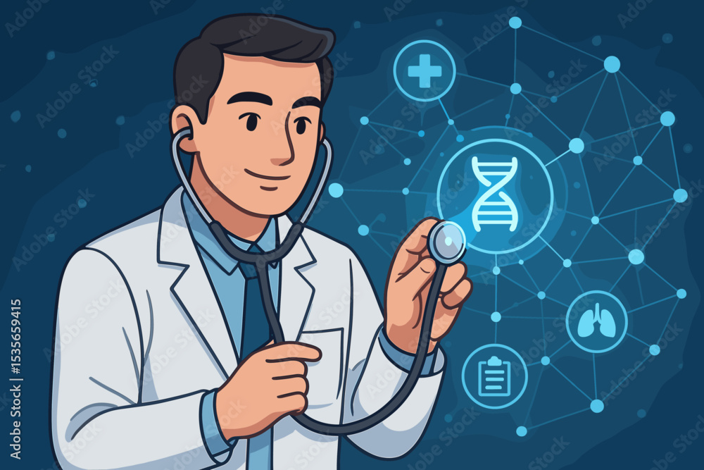 Cartoon doctor using a stethoscope on a futuristic digital interface. Concept of AI in medicine, telemedicine, healthcare technology, genetic analysis, DNA research, and modern diagnosis. Cartoon doctor using a stethoscope on a futuristic digital interface. Concept of AI in medicine, telemedicine, healthcare technology, genetic analysis, DNA research, and modern diagnosis.