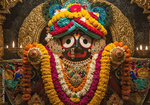 Lord Jagannath with Crown and Garlands – Close-Up Decorated Deity for Rath Yatra