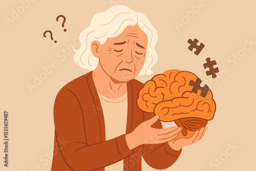 Sad elderly woman suffering from memory loss, Alzheimer's or dementia. Senior person holds brain puzzle with missing pieces. Mental health, cognitive decline, neurological disorder.