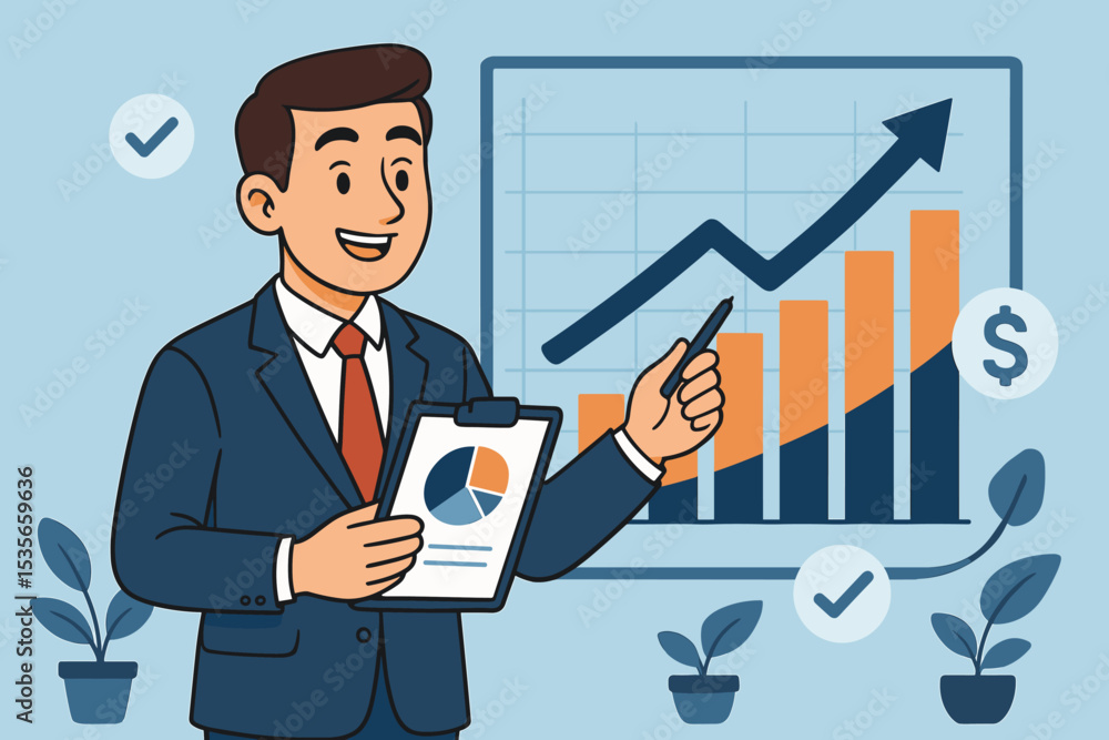 Businessman presenting financial growth analysis. Successful manager pointing at a chart with a graph. Concept for business report, investment strategy, profit, and market data. Businessman presenting financial growth analysis. Successful manager pointing at a chart with a graph. Concept for business report, investment strategy, profit, and market data.