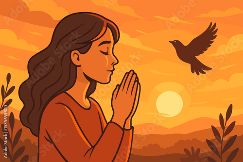 Spiritual woman praying in nature at sunset. Concept of faith, hope, and gratitude. Serene girl meditating with praying hands. Bird silhouette symbolizing freedom and peace.