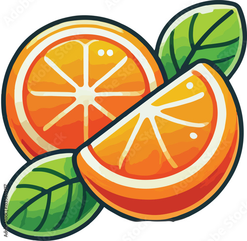 Fresh citrus orange fruit slice with green leaves in flat cartoon style illustration