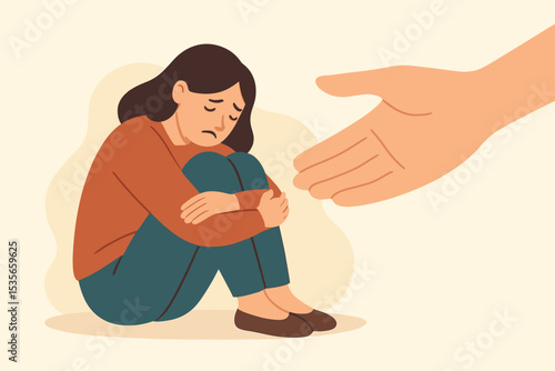 Helping hand for a woman in depression. Mental health support and compassion concept. Sad female character feeling lonely and anxious. Psychology, therapy, and empathy vector art.