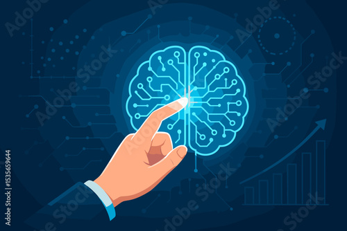 Artificial intelligence concept. Businessman hand touching digital brain circuit. AI and machine learning technology. Neural network, data analysis, and business growth concept.