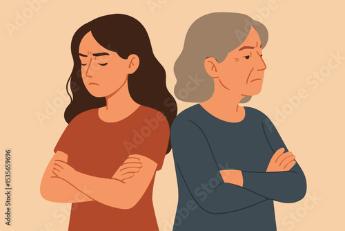 Generation gap conflict concept. Angry senior mother and adult daughter ignoring each other. Family relationship problem, quarrel, misunderstanding. Stubborn parent and child.