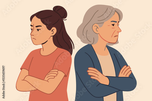 Generation gap conflict with angry senior mother and adult daughter. Family argument, relationship problems. Stubborn women ignoring each other. Generational misunderstanding concept.
