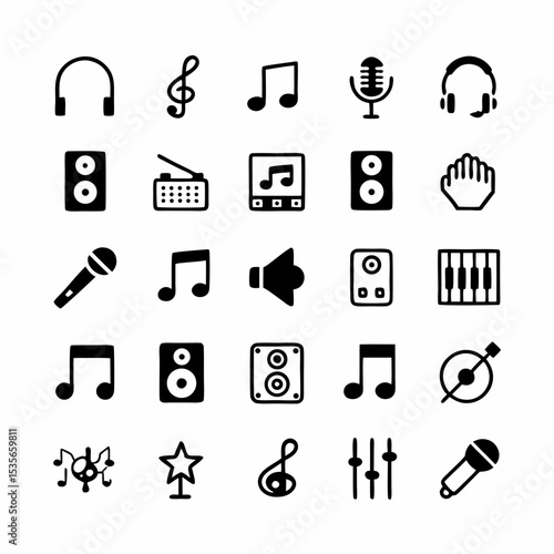 Design a set of vibrant, modern icons representing various music and audio production tools and processes.  Include mixing consoles, microphones, headphones, speakers, and waveforms.