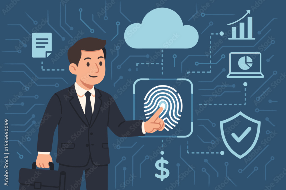 Biometric security concept. Businessman uses fingerprint scanner for digital authentication and access to corporate data, finance, and cloud services. Cybersecurity technology illustration. Biometric security concept. Businessman uses fingerprint scanner for digital authentication and access to corporate data, finance, and cloud services. Cybersecurity technology illustration.