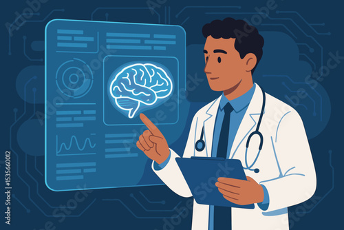 Doctor or neurologist analyzing brain scan on futuristic digital interface. Concept for neuroscience, medical technology, AI in healthcare, diagnostics, and mental health research.