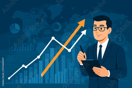Businessman analyzing financial growth chart. Global business success concept. Manager with report presenting investment strategy. Corporate finance, stock market data and economy vector.
