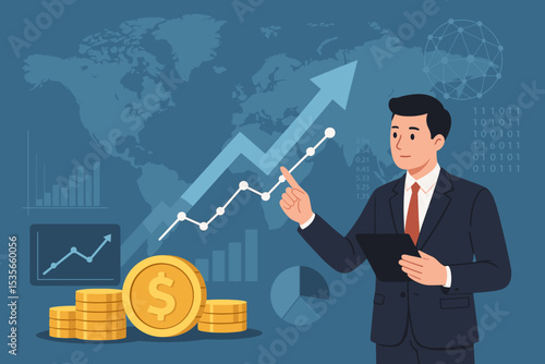 Businessman analyzes financial growth chart. Investment strategy for stock market success. Global business concept with rising arrow graph, data, money, and profit. World economy vector.
