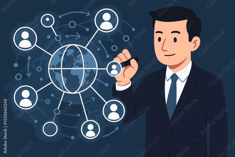 Businessman drawing a global network connection diagram. Concept of international business, technology, social media, communication, teamwork, corporate strategy, and worldwide team. Businessman drawing a global network connection diagram. Concept of international business, technology, social media, communication, teamwork, corporate strategy, and worldwide team.