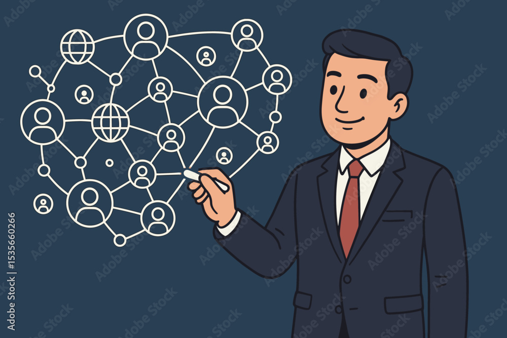 Global networking concept illustration with businessman connecting social media user icons, digital communication, social network, internet technology, business connectivity, online collaboration Global networking concept illustration with businessman connecting social media user icons, digital communication, social network, internet technology, business connectivity, online collaboration