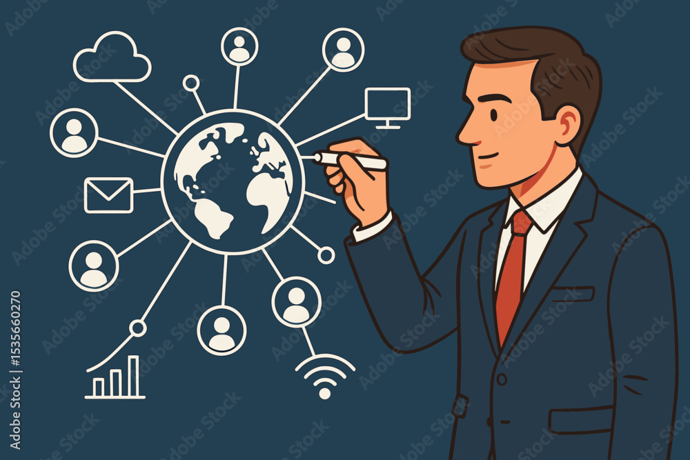 Global networking concept. Businessman drawing a world connection diagram. International business strategy, communication technology, cloud computing, wifi, and data analysis vector. Global networking concept. Businessman drawing a world connection diagram. International business strategy, communication technology, cloud computing, wifi, and data analysis vector.