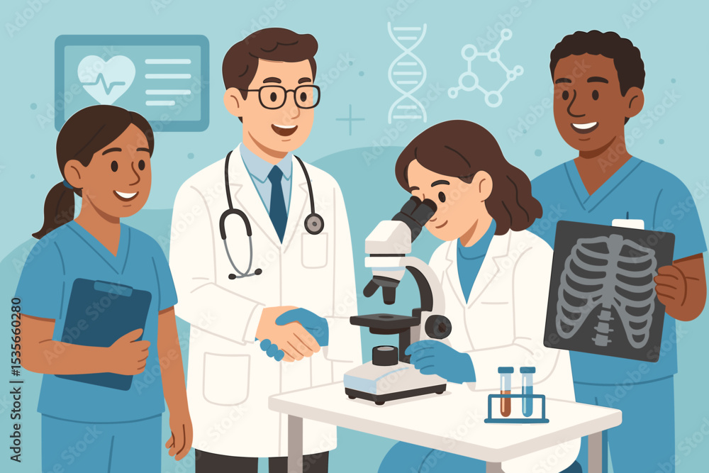 Healthcare team collaboration with diverse doctors, nurses, and scientists. Medical professionals working together in a lab. Concept for medicine, research, diagnosis, and teamwork. Healthcare team collaboration with diverse doctors, nurses, and scientists. Medical professionals working together in a lab. Concept for medicine, research, diagnosis, and teamwork.