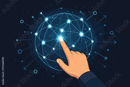 Metaphor global network business connection. Hand touching glowing sphere. Concept big data. Future technology. Digital interface. Worldwide communication. Internet innovation.