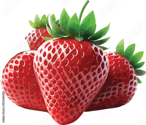 Freshly picked juicy strawberries with vibrant red skin and green leafy tops isolated