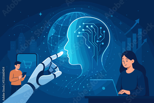Artificial intelligence transforming society. Robot hand interacts with digital brain. Future technology concept for business growth, data analysis, e-commerce, and global connection.