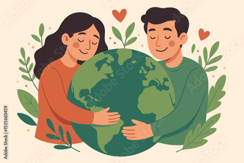 Earth Day love and care. Diverse people hugging Earth globe. Environmental conservation, nature protection, climate action, sustainability. Eco-friendly lifestyle, green leaves, hearts, togetherness