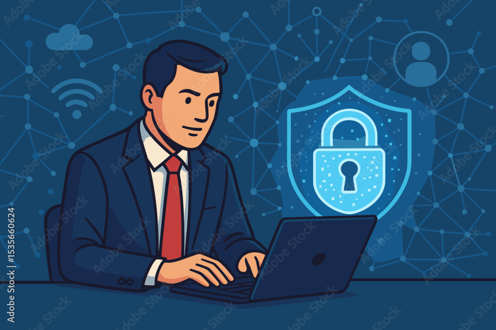 Businessman Using Laptop for Cybersecurity, Data Protection, Secure Network Access, Internet Privacy, Digital Encryption, Corporate Information Security, Cyber Defense Technology Concept Illustration Businessman Using Laptop for Cybersecurity, Data Protection, Secure Network Access, Internet Privacy, Digital Encryption, Corporate Information Security, Cyber Defense Technology Concept Illustration