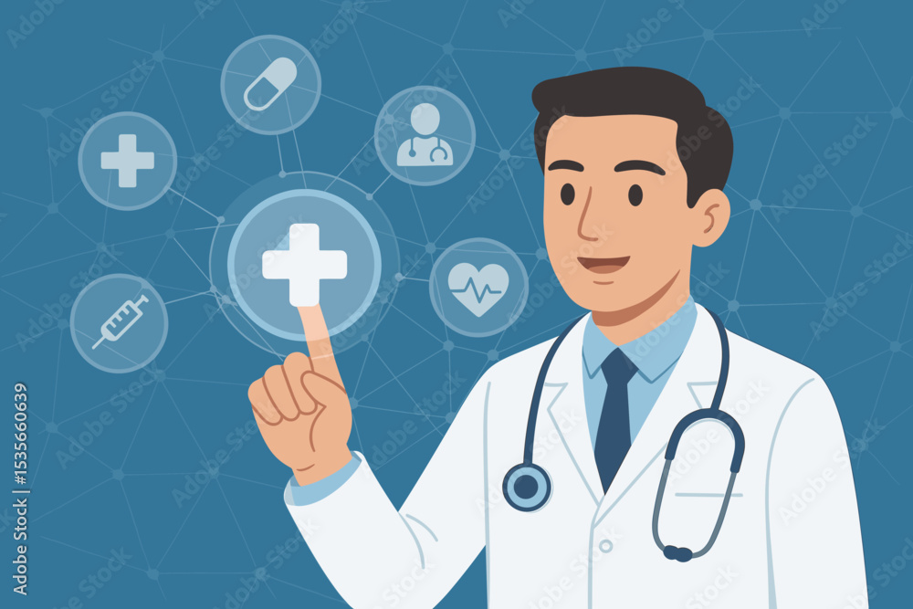 Digital healthcare innovation concept. Doctor hand touching virtual screen with medical icons. Telemedicine, online consultation, e-health, and modern medical technology services. Digital healthcare innovation concept. Doctor hand touching virtual screen with medical icons. Telemedicine, online consultation, e-health, and modern medical technology services.