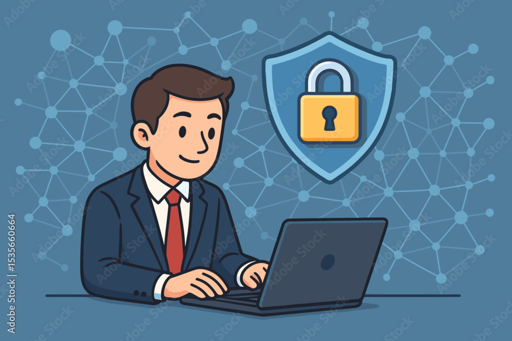 Cybersecurity Concept Illustration. Businessman Using Laptop. Secure Digital Network, Data Protection, Privacy Shield, Padlock Icon. Information Security, Internet Safety, Corporate Cyber Defense Cybersecurity Concept Illustration. Businessman Using Laptop. Secure Digital Network, Data Protection, Privacy Shield, Padlock Icon. Information Security, Internet Safety, Corporate Cyber Defense