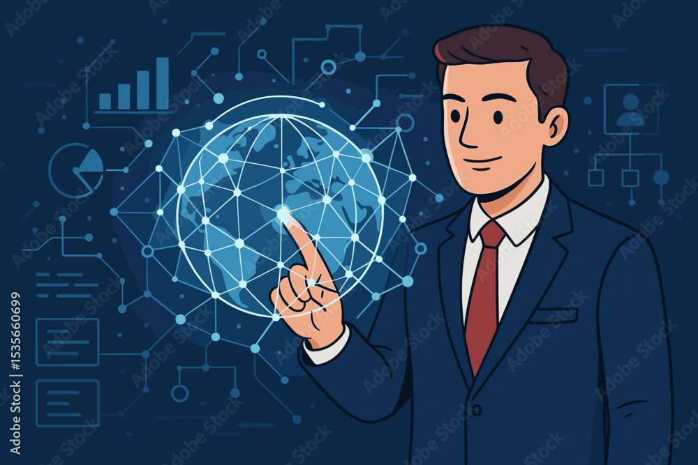 Businessman Touching Digital Global Network Interface. Futuristic Technology Innovation, Data Connection, Internet Communication, World Map, Analytics, Globalization, Digital Transformation Concept Businessman Touching Digital Global Network Interface. Futuristic Technology Innovation, Data Connection, Internet Communication, World Map, Analytics, Globalization, Digital Transformation Concept
