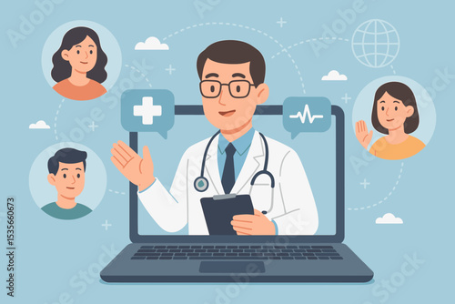 Telemedicine concept with doctor on a laptop screen providing a virtual medical consultation. Online healthcare service with a physician talking to patients via video conference. E-health.