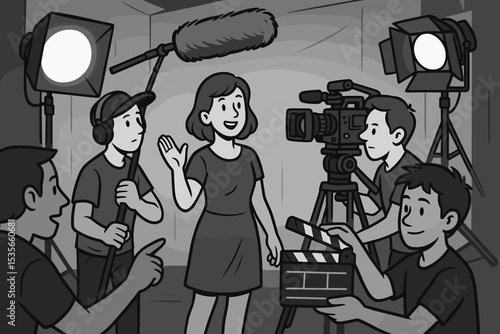 Film crew on set, backstage movie production concept. Vector illustration of director, cameraman, boom operator, and actress. Video shooting process with camera and lighting equipment.