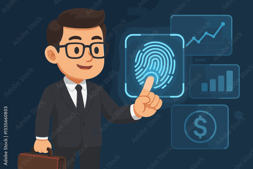 Businessman Touching Digital Fingerprint Scanner for Secure Access, Biometric Authentication, Data Protection, Cybersecurity, Financial Security, Modern Technology, Business Concept Illustration Businessman Touching Digital Fingerprint Scanner for Secure Access, Biometric Authentication, Data Protection, Cybersecurity, Financial Security, Modern Technology, Business Concept Illustration