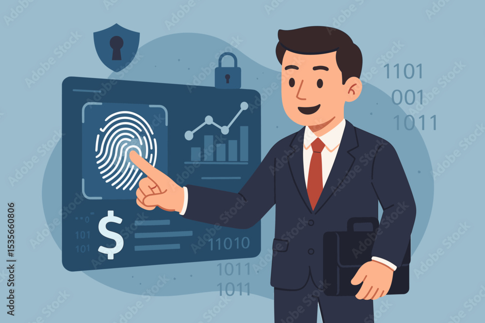 Businessman Using Fingerprint Authentication for Secure Digital Access, Financial Data Protection, Cybersecurity Technology, Biometric Verification, Online Banking Security Concept Illustration Businessman Using Fingerprint Authentication for Secure Digital Access, Financial Data Protection, Cybersecurity Technology, Biometric Verification, Online Banking Security Concept Illustration