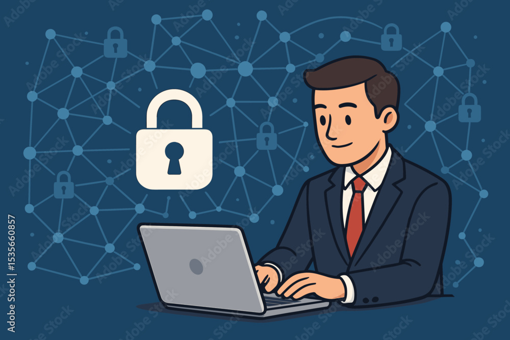 Businessman Using Laptop with Cyber Security Network, Data Protection, Privacy, Internet Safety, Secure Connection, Encryption, Information Security, Digital Lock, Technology Concept Illustration Businessman Using Laptop with Cyber Security Network, Data Protection, Privacy, Internet Safety, Secure Connection, Encryption, Information Security, Digital Lock, Technology Concept Illustration