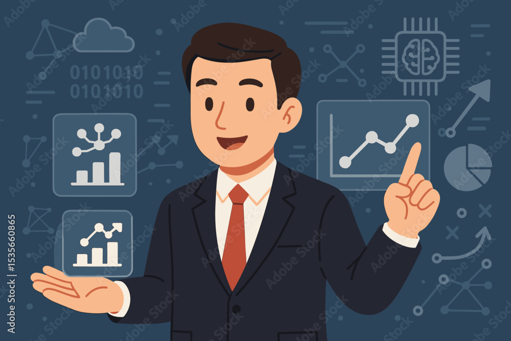 Businessman in Suit Presenting Data Science Analytics, Artificial Intelligence, Machine Learning Workflow, Graphs, Cloud Computing, Statistical Charts, Technology Strategy, Digital Innovation Concept Businessman in Suit Presenting Data Science Analytics, Artificial Intelligence, Machine Learning Workflow, Graphs, Cloud Computing, Statistical Charts, Technology Strategy, Digital Innovation Concept